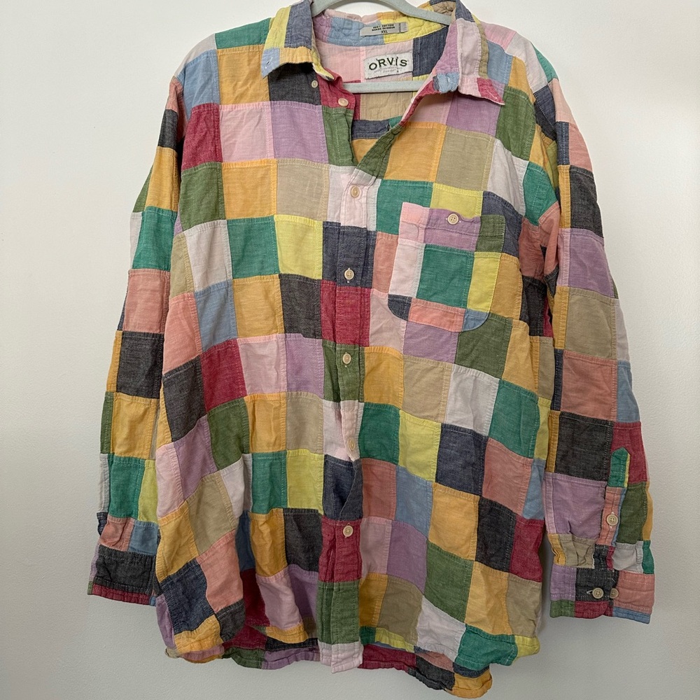 Vintage Orvis Shirt Men's Size XXL Multicolor Patchwork Button-Up Long Sleeve